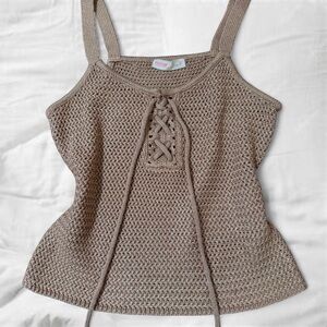 Brown Ribbed Tie Front Sleeveless Tank Top
